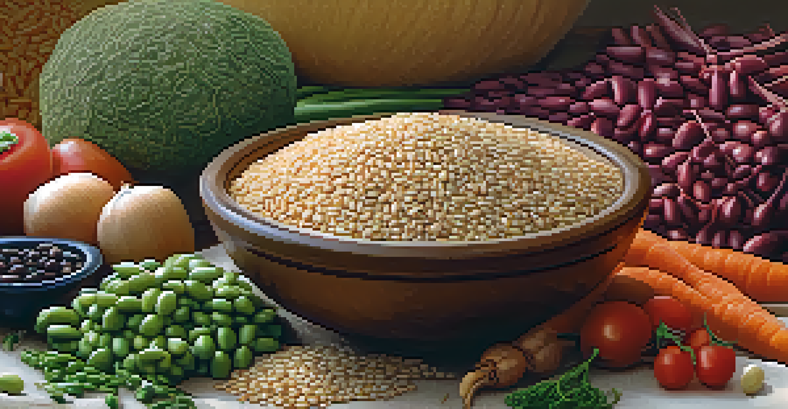 A close-up of a bowl filled with quinoa, brown rice, and vegetables, set on a textured cloth with warm lighting.