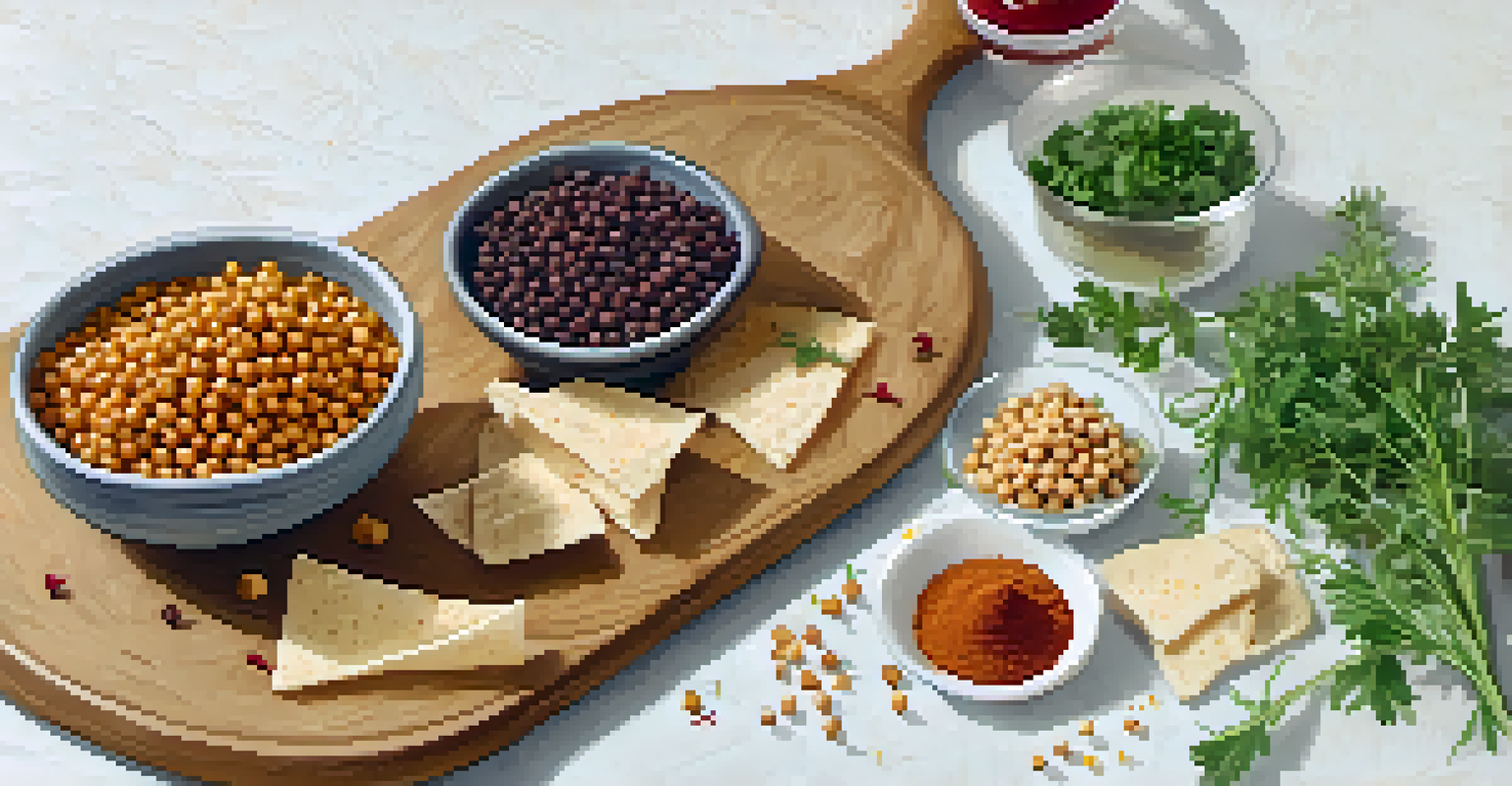A wooden cutting board with chickpeas and herbs, and a bowl of hummus with pita chips, showcasing preparation for a meal.