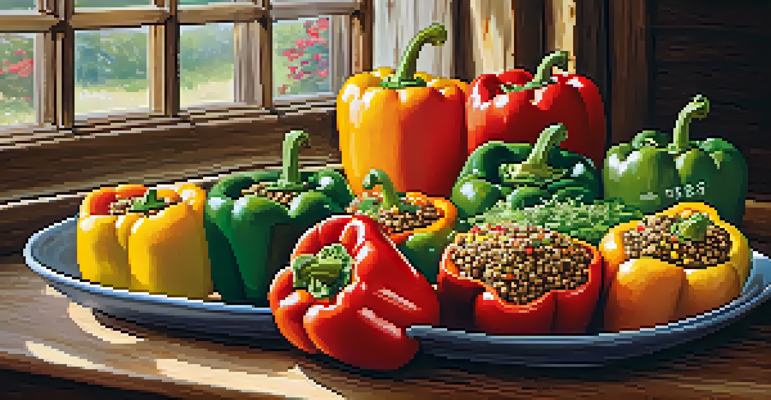 A colorful assortment of stuffed bell peppers filled with quinoa, beans, and corn, displayed on a wooden table.
