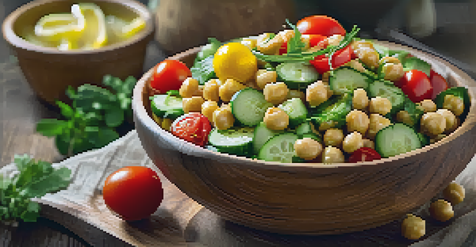 A colorful chickpea salad with cucumbers and tomatoes in a wooden bowl, illuminated by soft natural light.