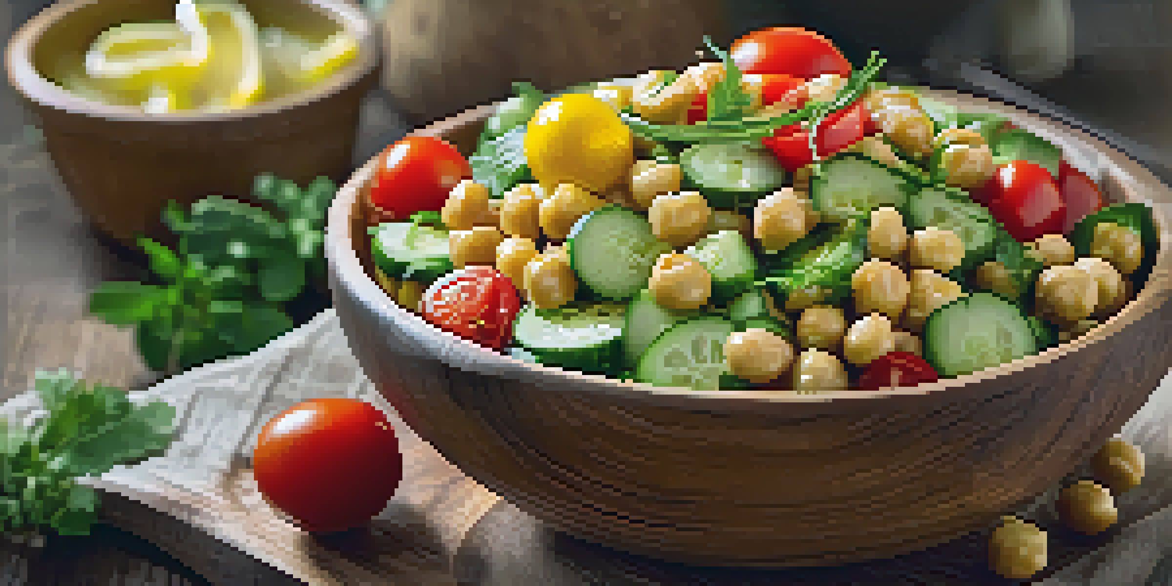 A colorful chickpea salad with cucumbers and tomatoes in a wooden bowl, illuminated by soft natural light.