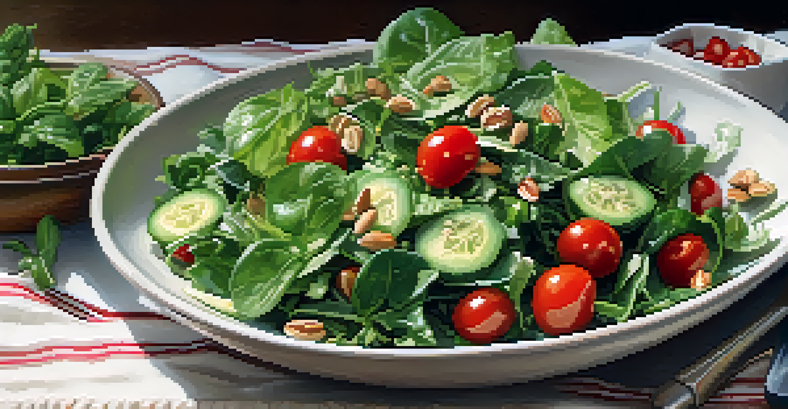 A fresh salad with leafy greens, cherry tomatoes, and nuts in a rustic bowl on a linen tablecloth, illuminated by natural light.