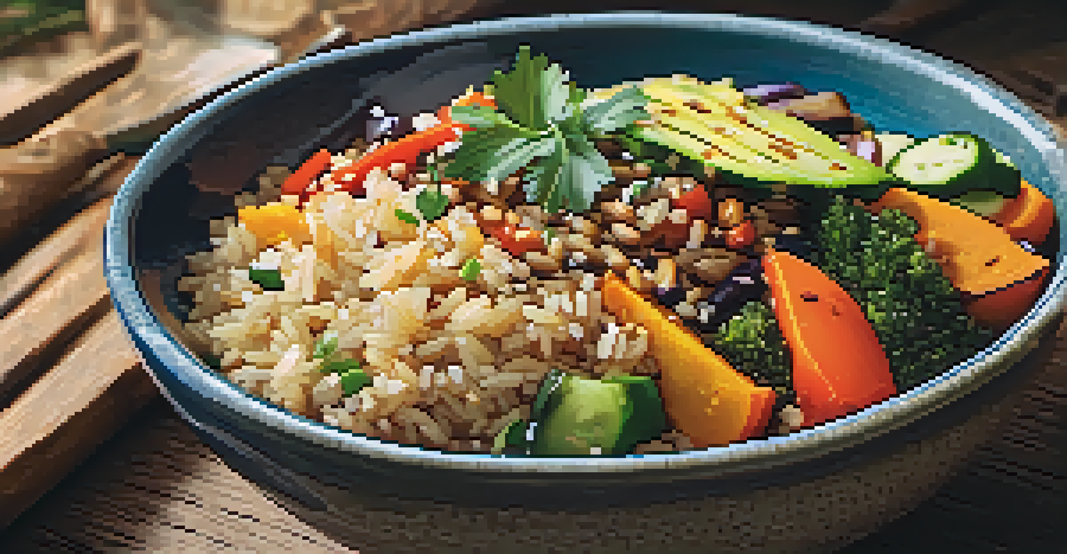 A close-up view of a colorful vegan bowl with brown rice and grilled vegetables, set on a rustic wooden table.