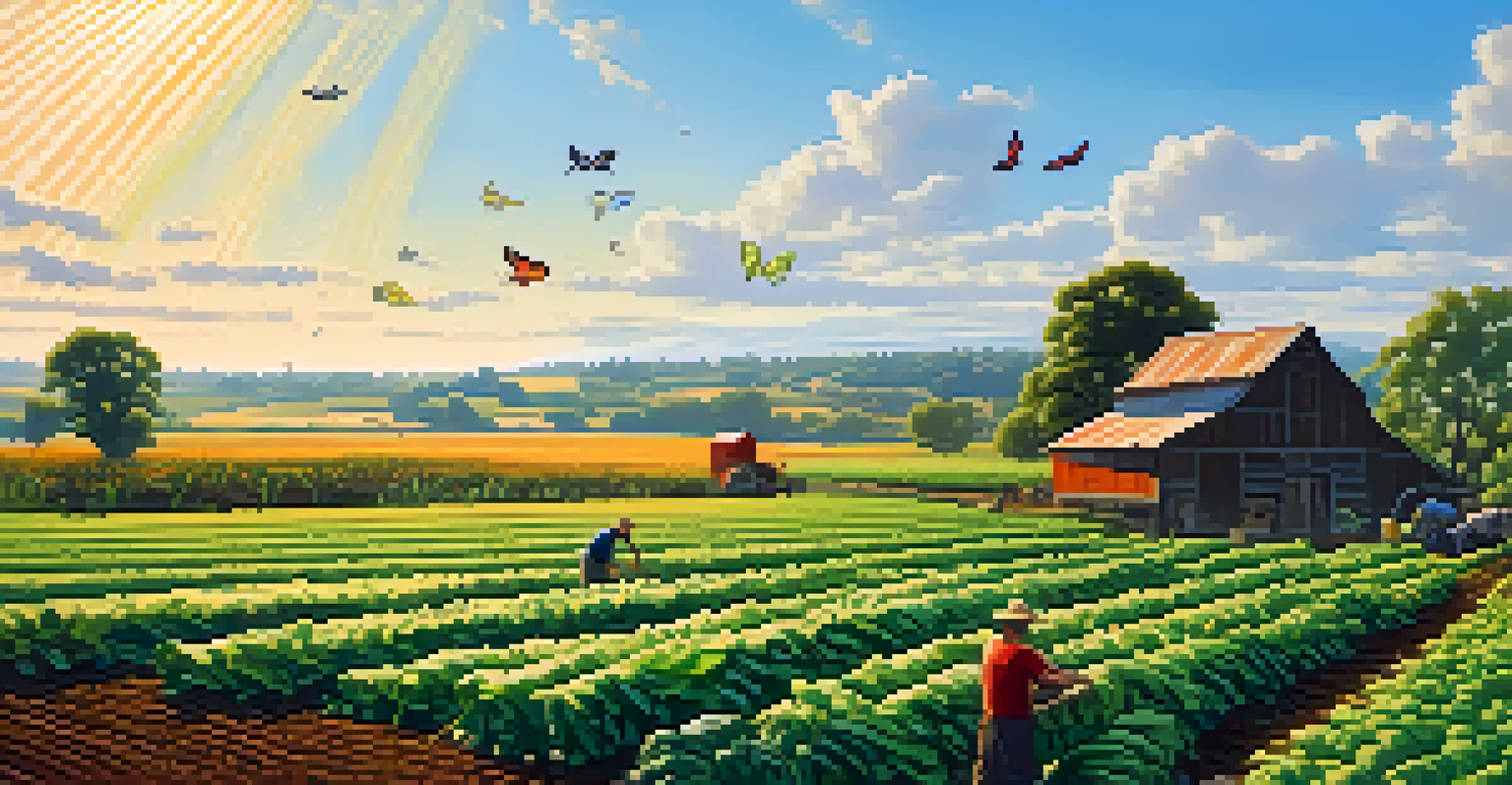 A lush green farm landscape with diverse crops under a clear blue sky, featuring a farmer harvesting vegetables and butterflies in a sunlit scene.