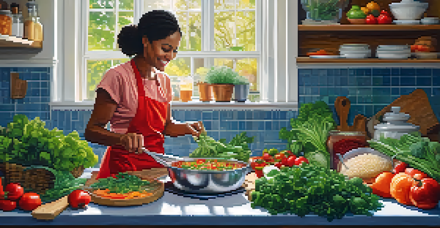 A person cooking a vegan meal in a bright kitchen, surrounded by fresh ingredients and a warm, inviting atmosphere.