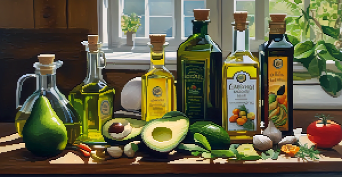 A wooden countertop with various cooking oils and fresh vegetables, showcasing rich colors and textures.