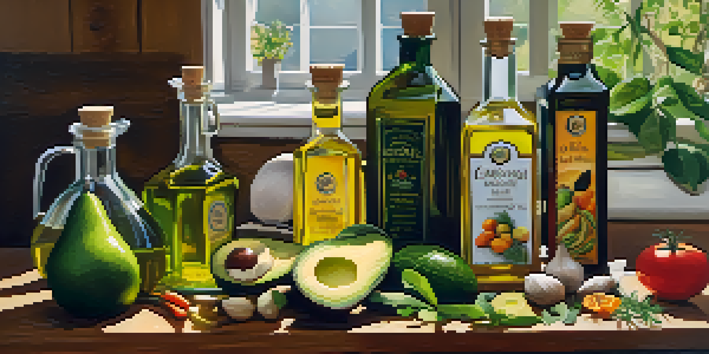 A wooden countertop with various cooking oils and fresh vegetables, showcasing rich colors and textures.