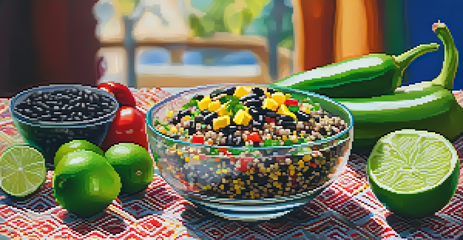 A colorful quinoa salad with black beans and corn in a glass bowl on a patterned tablecloth.