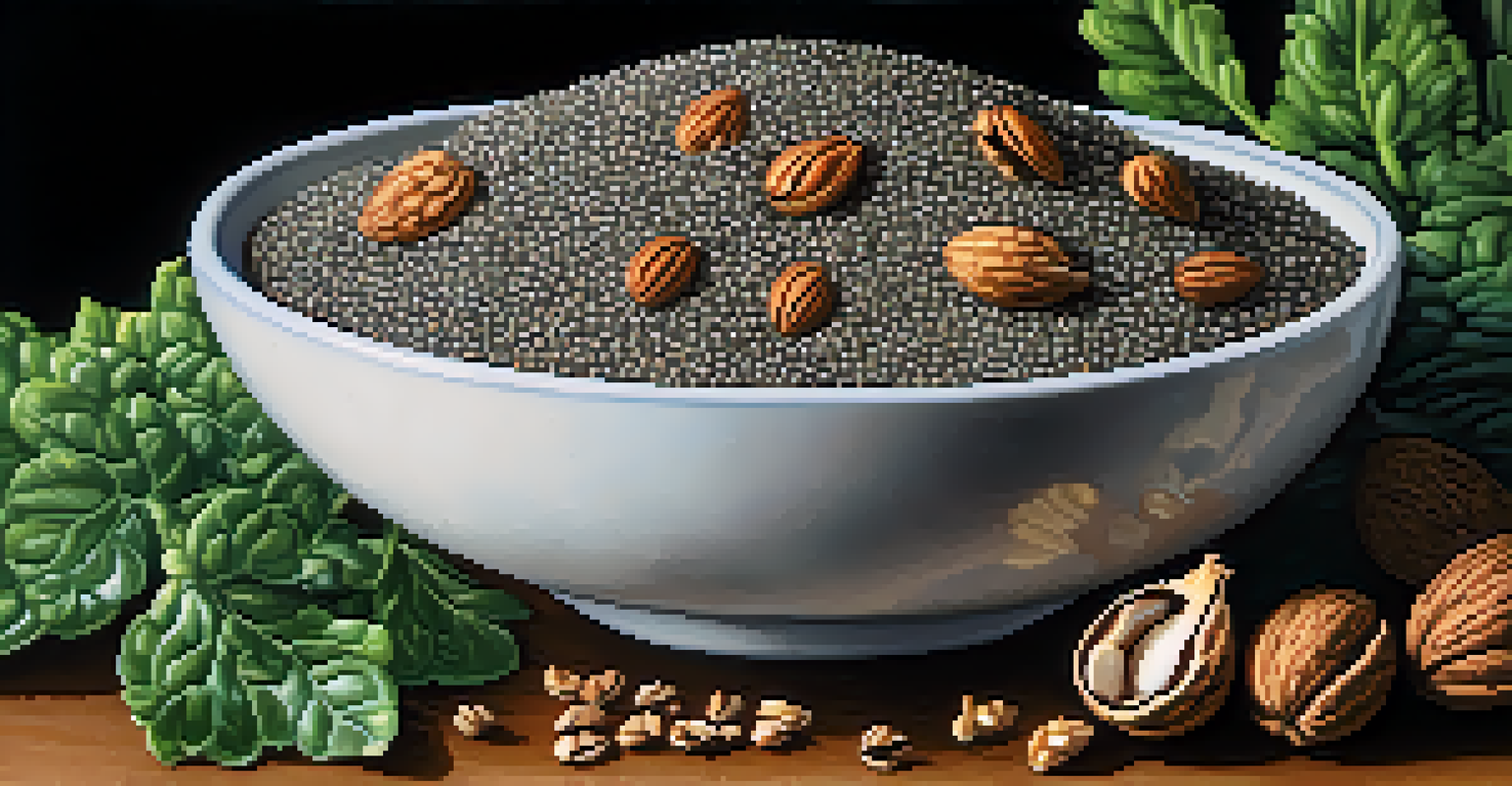 A close-up of a bowl with chia seeds, flaxseeds, and walnuts, surrounded by fresh leafy greens and colorful spices.