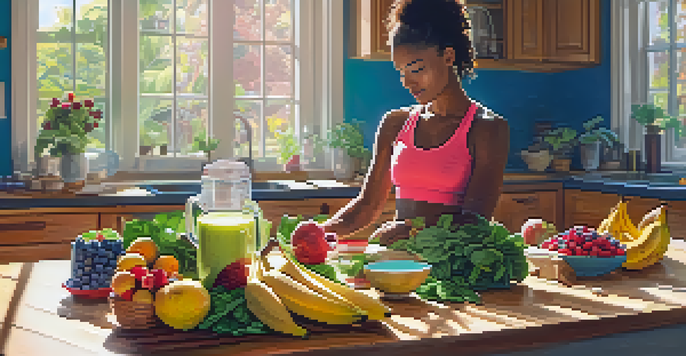 A vegan athlete making a smoothie with fresh fruits and spinach in a bright kitchen.