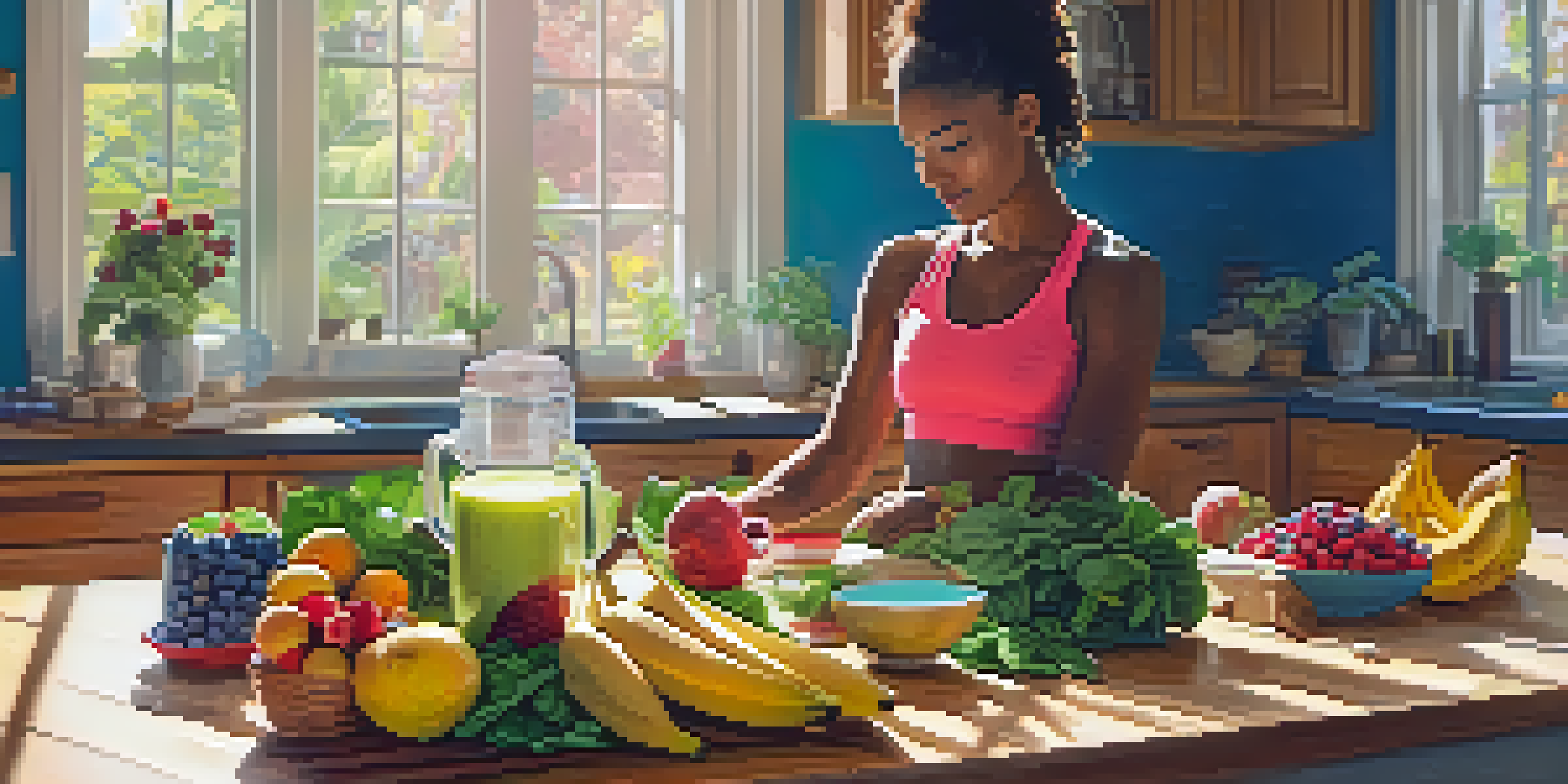 A vegan athlete making a smoothie with fresh fruits and spinach in a bright kitchen.