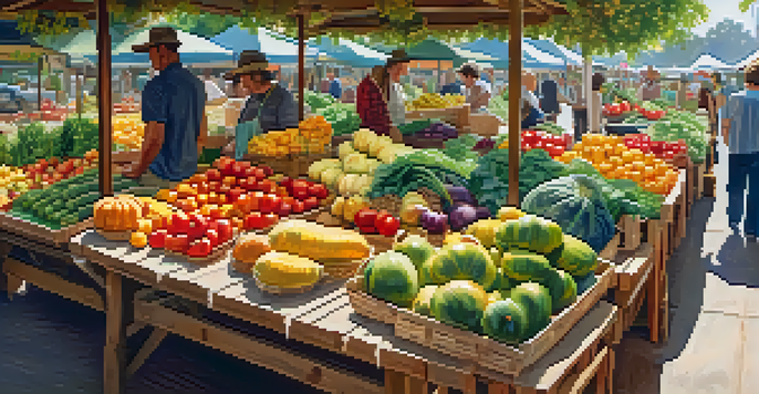 A lively farmer's market with colorful vegetables and fruits in baskets, illuminated by soft sunlight.