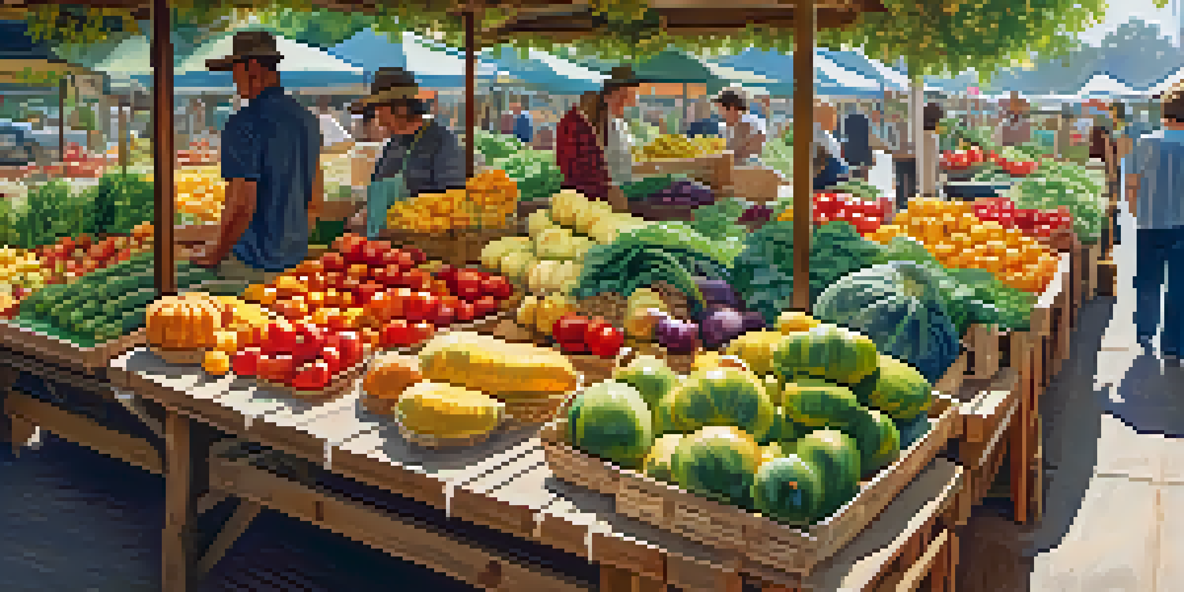 A lively farmer's market with colorful vegetables and fruits in baskets, illuminated by soft sunlight.