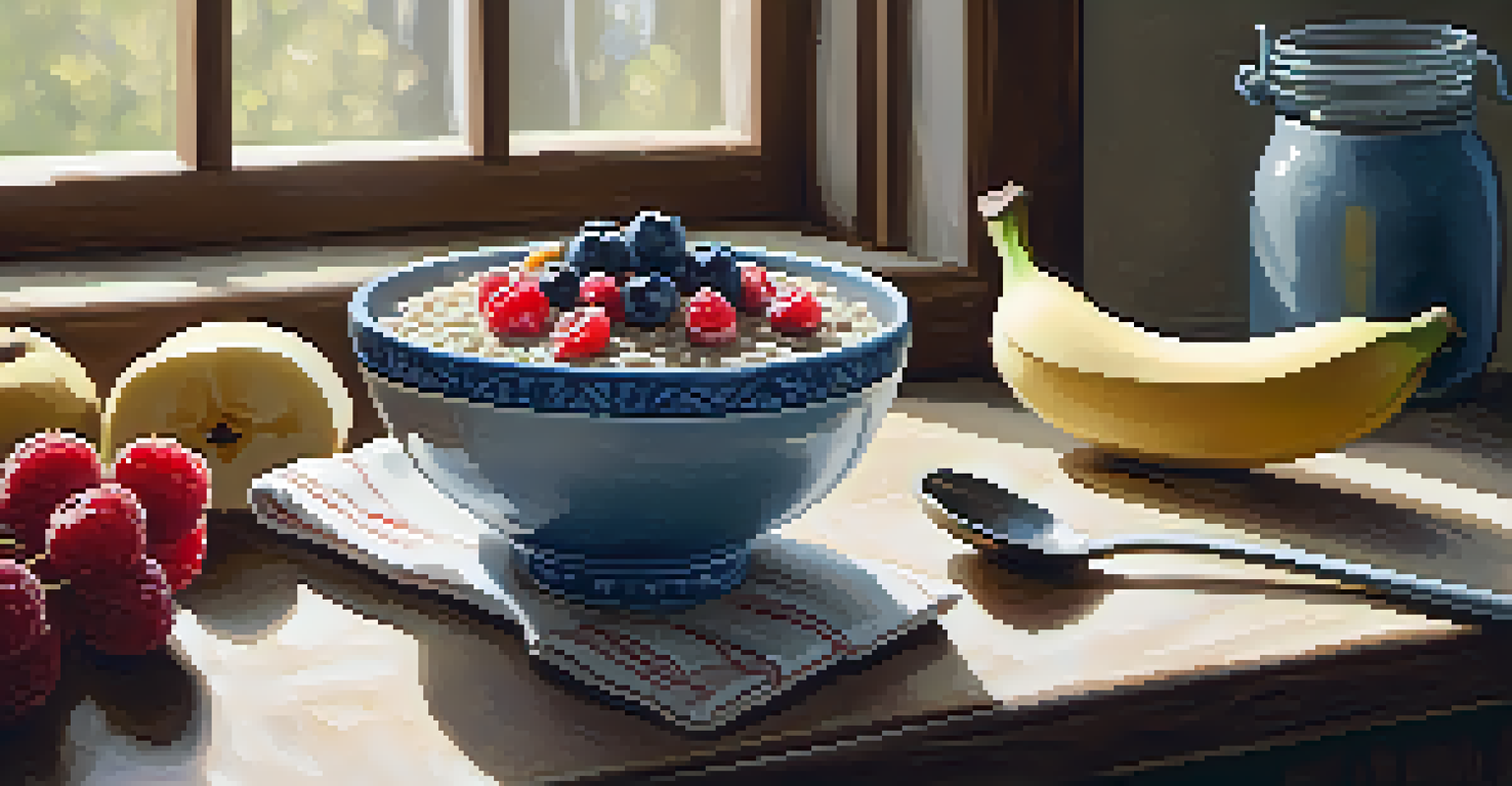 A bowl of oatmeal topped with berries and banana slices in a cozy kitchen, with morning light creating a warm atmosphere.