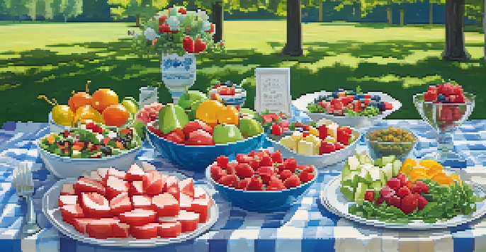 A picnic spread on a checkered blanket with colorful salads and fruit desserts in a sunny park.