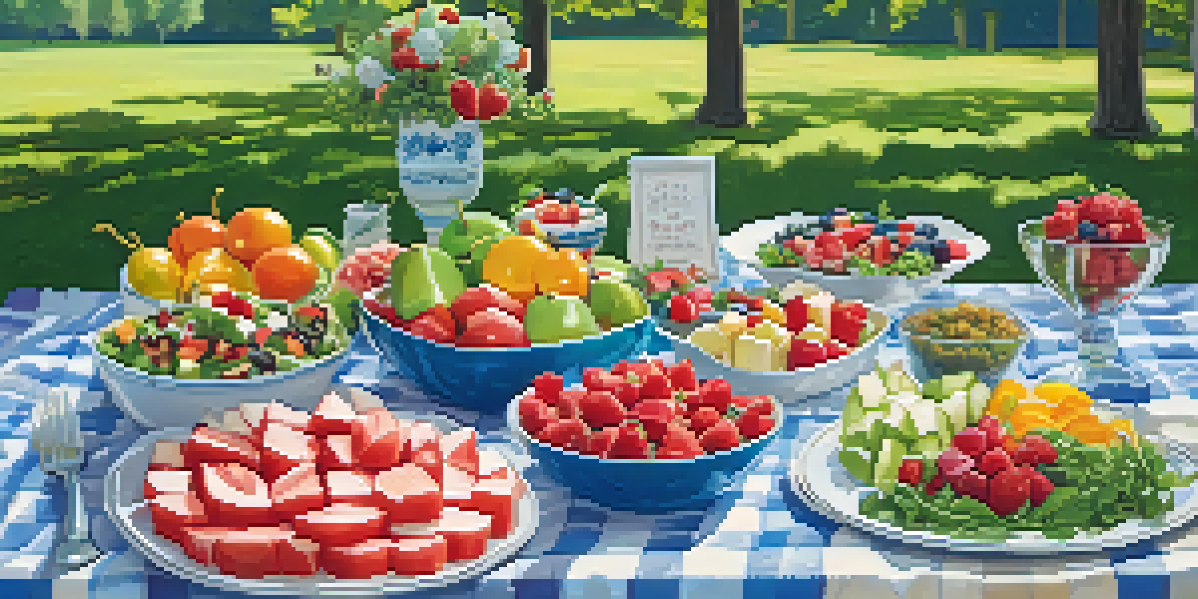 A picnic spread on a checkered blanket with colorful salads and fruit desserts in a sunny park.