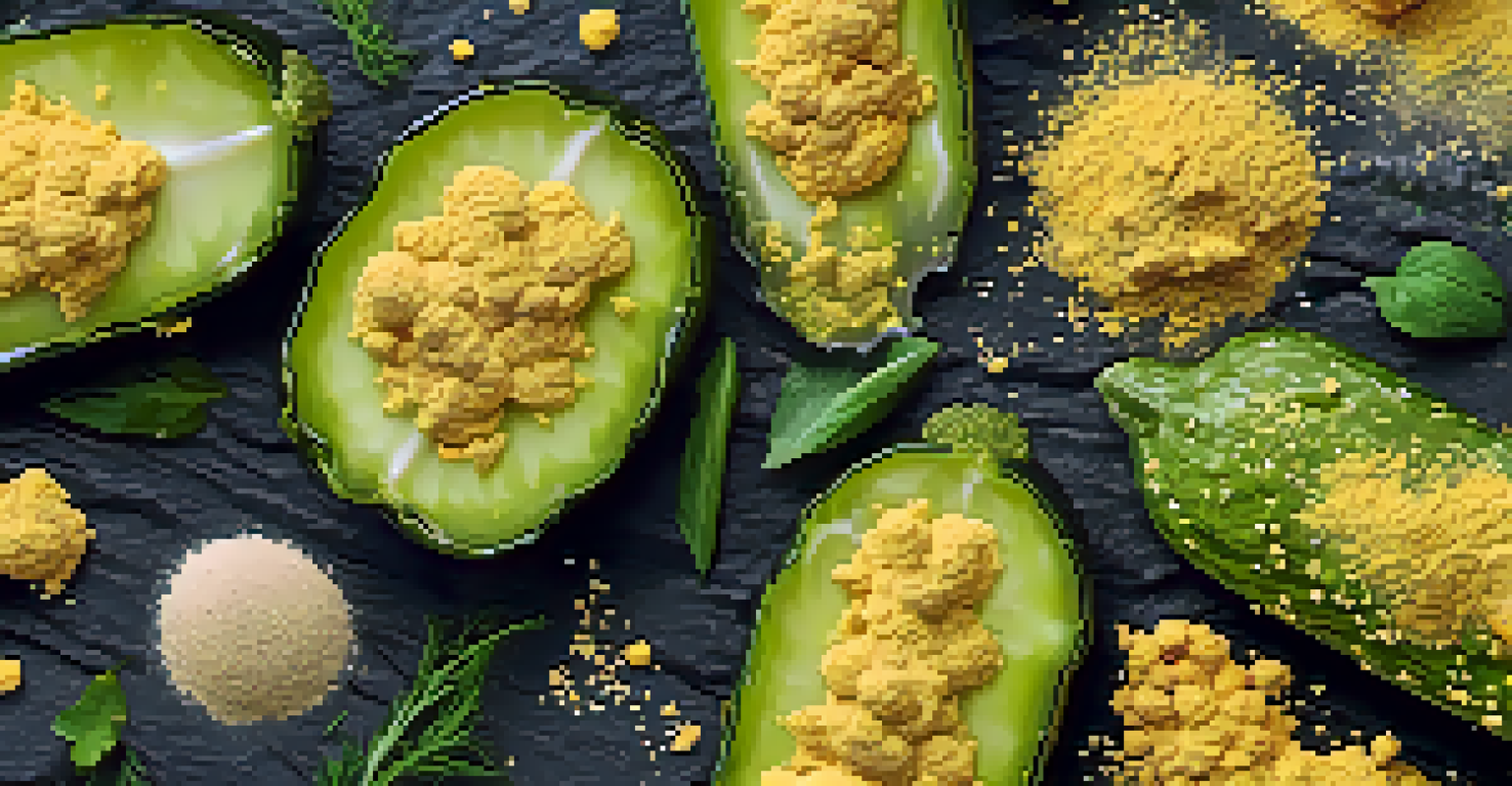 Fermented pickles and nutritional yeast flakes arranged artistically on a slate background, highlighting their colors and textures.