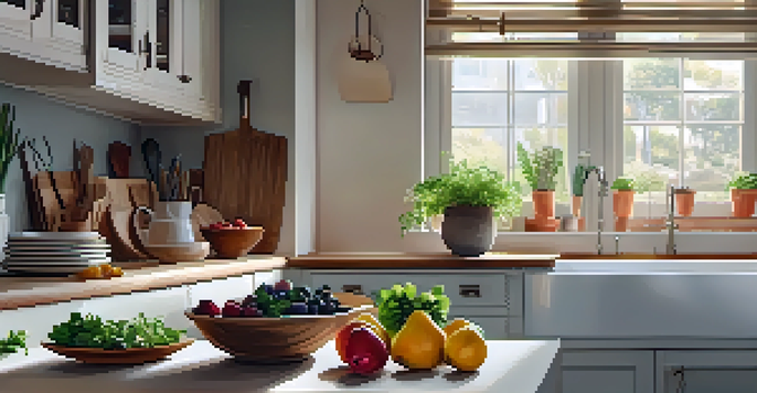 A small, organized kitchen with stackable cutting boards, nesting bowls, and natural light illuminating the space.