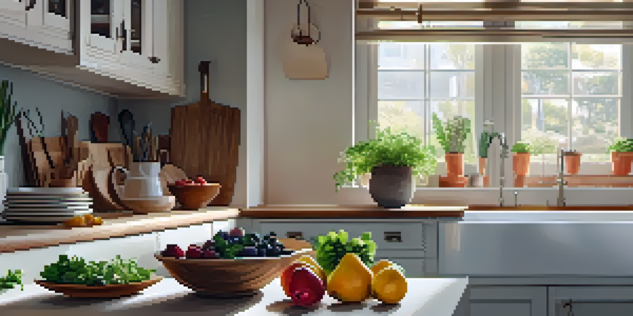 A small, organized kitchen with stackable cutting boards, nesting bowls, and natural light illuminating the space.
