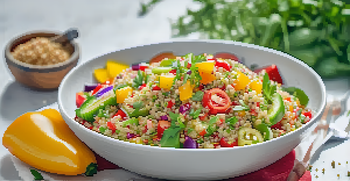 A colorful vegan quinoa salad in a white bowl, garnished with fresh herbs, in a bright kitchen setting.