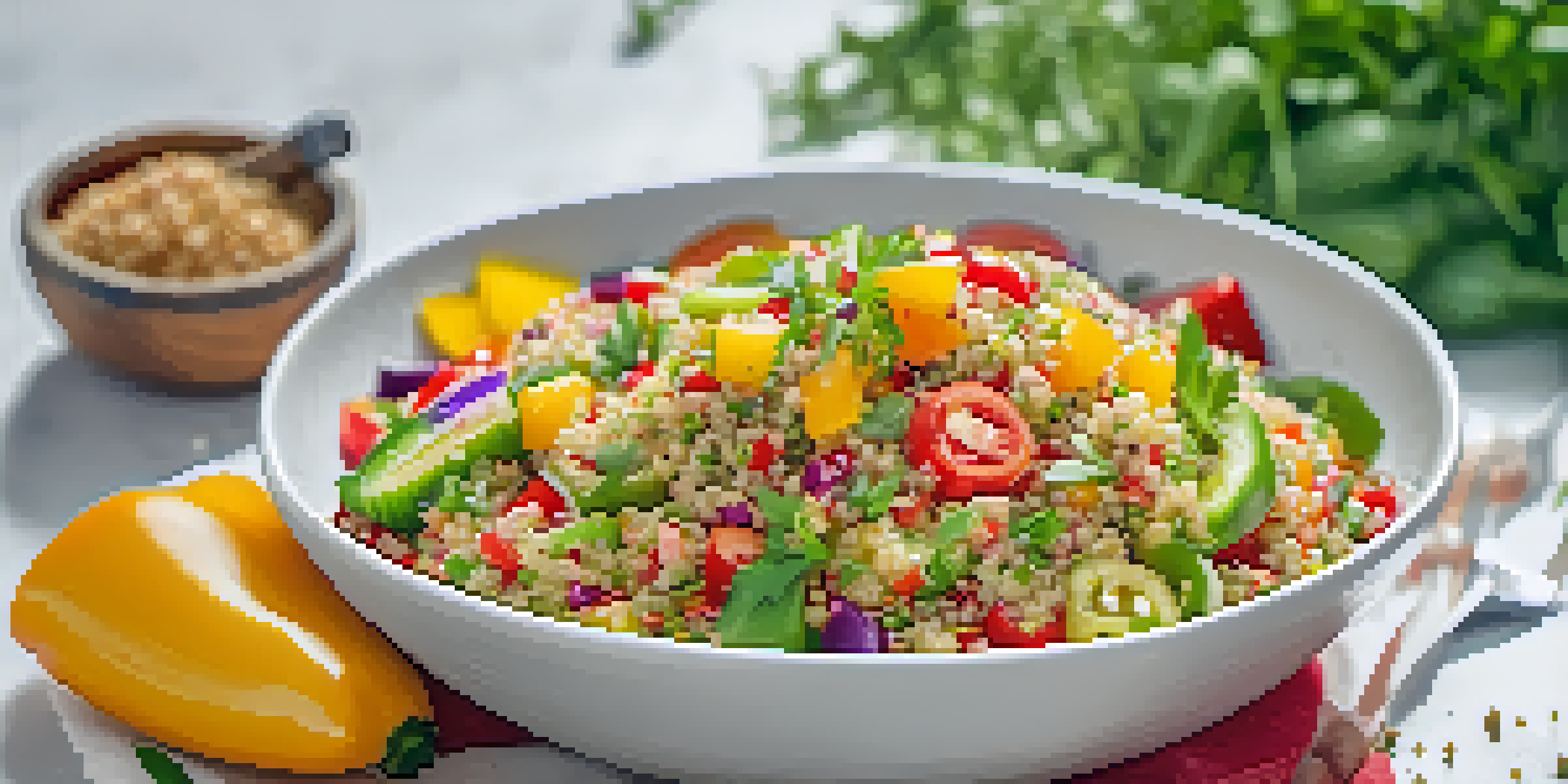 A colorful vegan quinoa salad in a white bowl, garnished with fresh herbs, in a bright kitchen setting.
