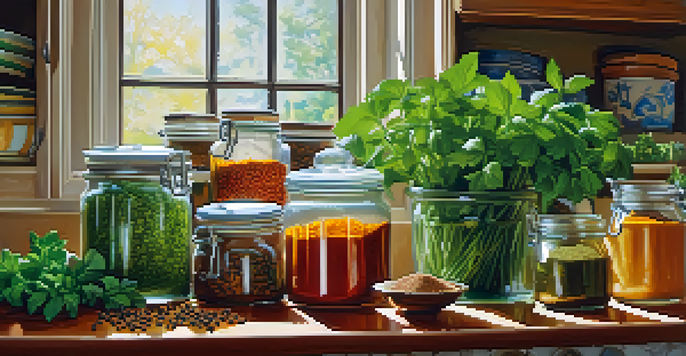 A kitchen countertop adorned with fresh herbs like basil and cilantro, and colorful jars of spices including turmeric and paprika, illuminated by natural sunlight.