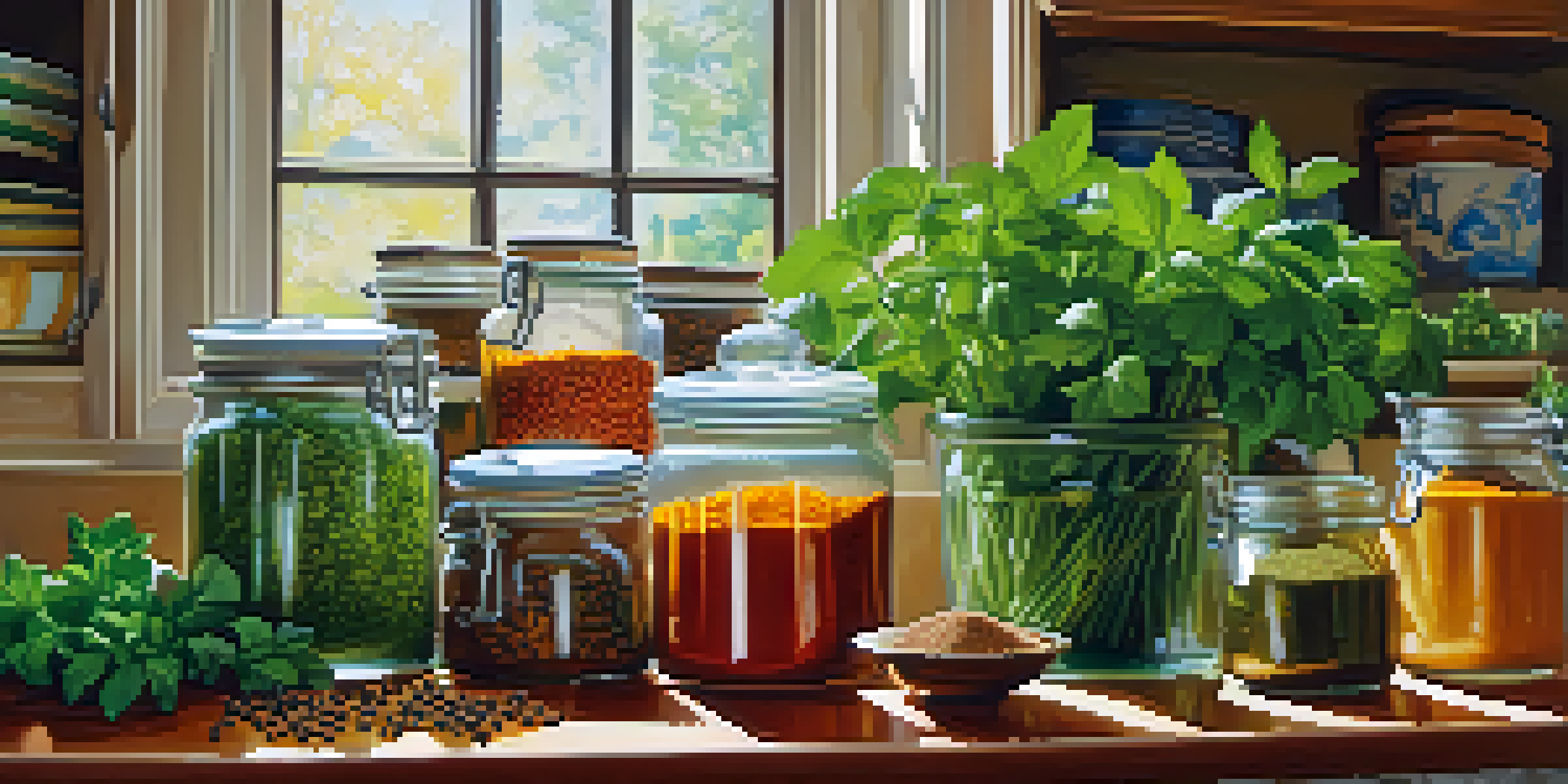 A kitchen countertop adorned with fresh herbs like basil and cilantro, and colorful jars of spices including turmeric and paprika, illuminated by natural sunlight.