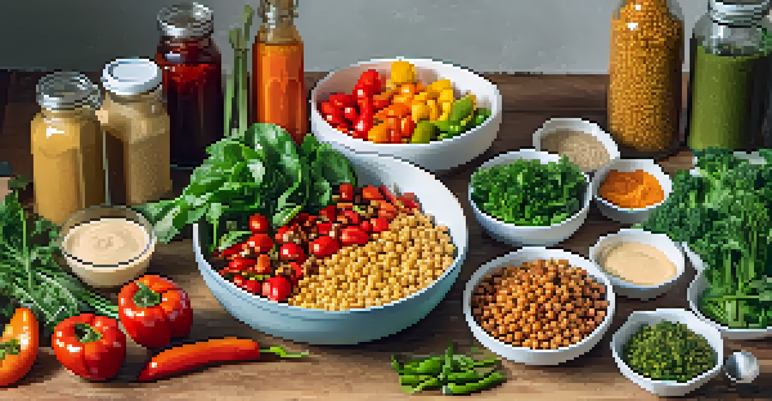 A colorful vegan meal prep arranged on a wooden table with fresh ingredients and a cookbook.