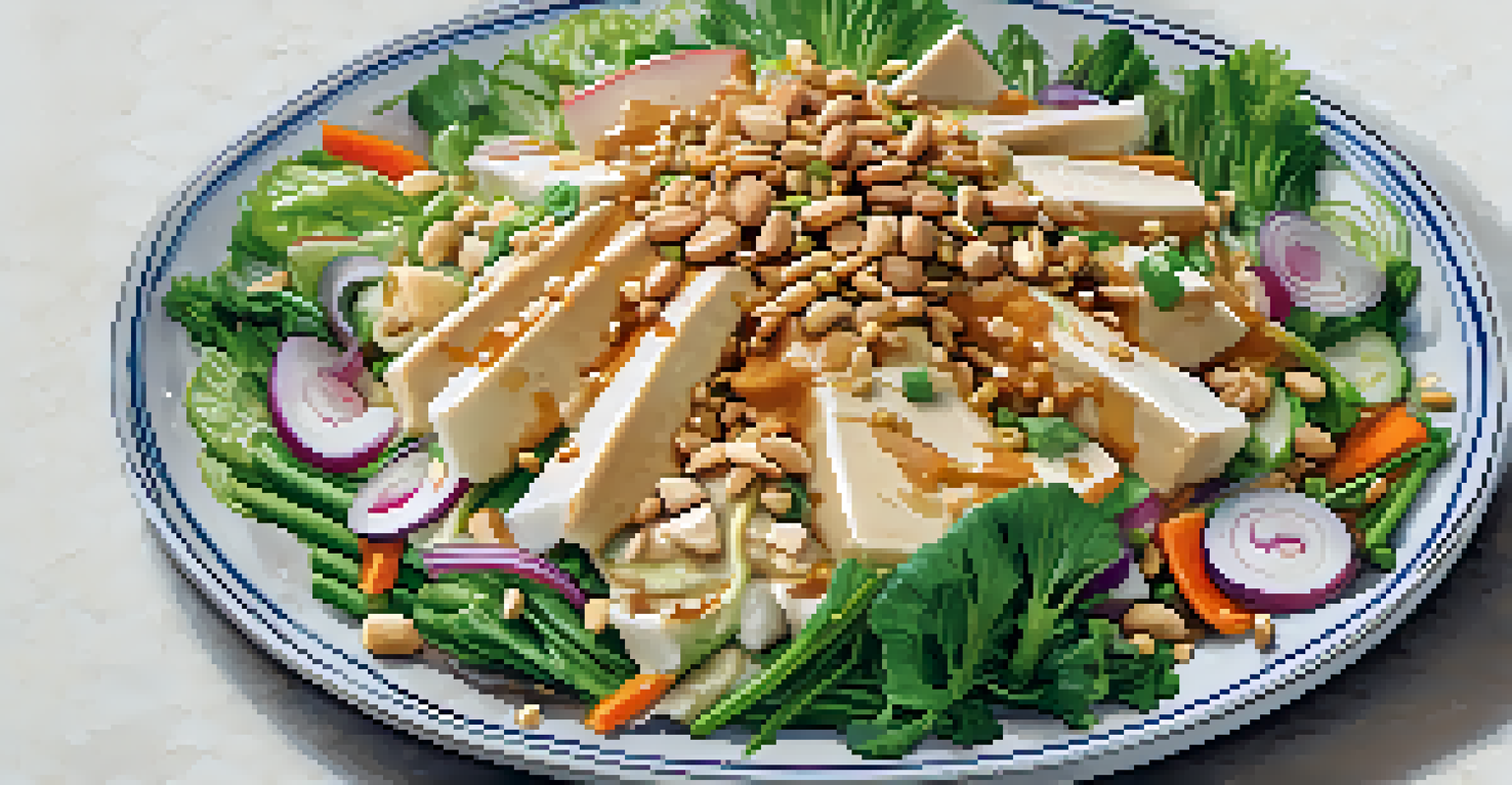 A close-up view of a Gado-Gado salad featuring blanched vegetables and tofu, topped with creamy peanut sauce, presented on a textured plate with a sprinkle of peanuts.