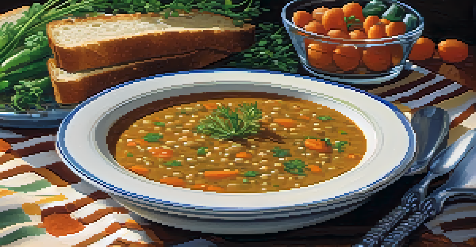 A close-up view of a bowl of lentil soup garnished with herbs, alongside a slice of whole-grain bread on a rustic wooden table.
