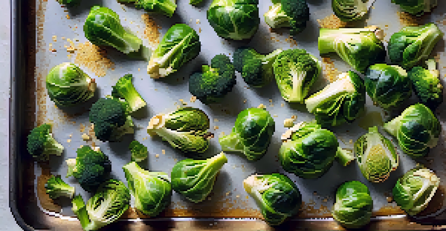 A baking sheet with roasted Brussels sprouts and broccoli, showcasing their crispy texture and vibrant colors.