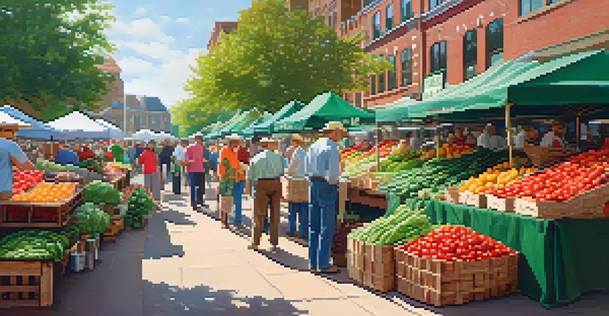 A bustling farmer's market filled with colorful vegetables and fruits, with people shopping under green awnings.