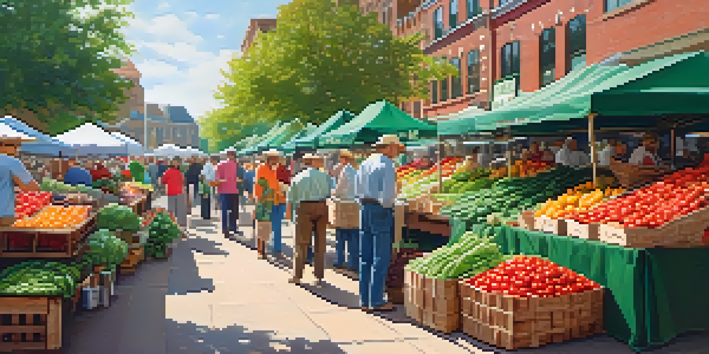 A bustling farmer's market filled with colorful vegetables and fruits, with people shopping under green awnings.