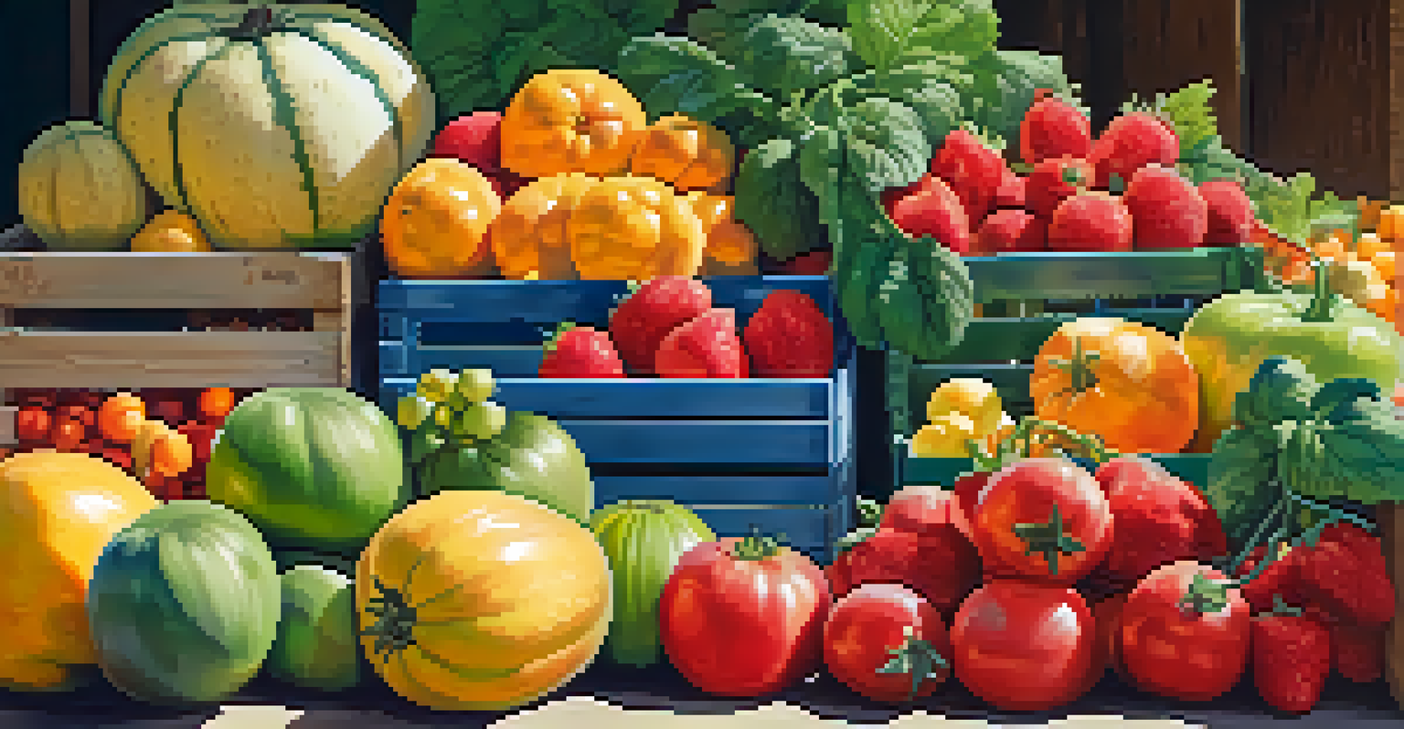 A collection of fresh fruits and vegetables at a farmers market, including strawberries and tomatoes, arranged on wooden crates with sunlight filtering through.
