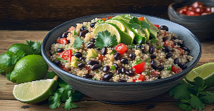A bowl filled with quinoa and black beans, decorated with lime juice, cilantro, and tomatoes, set on a wooden table with avocado slices around it.