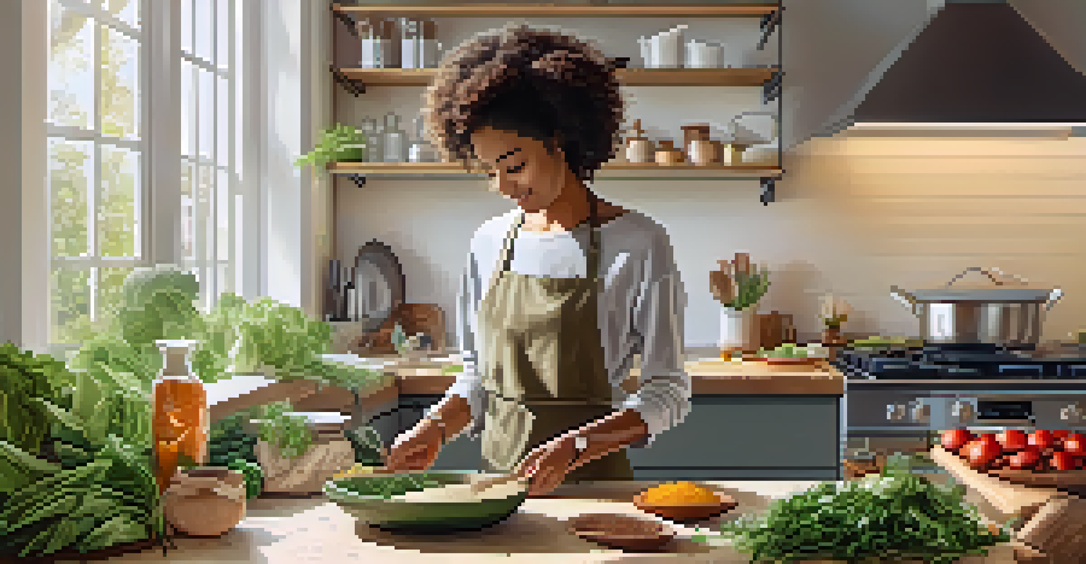 A person cooking a vegan meal in a bright, serene kitchen, with fresh ingredients on the counter.