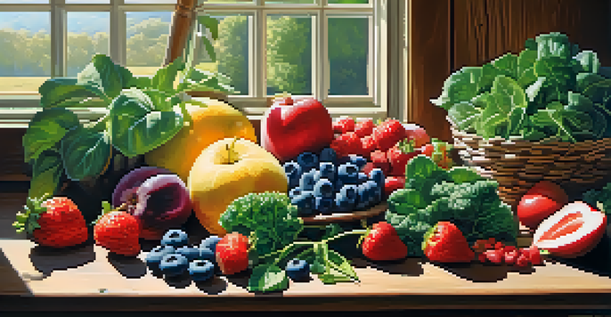 A colorful vegan meal with various fruits and vegetables on a wooden table, illuminated by sunlight.