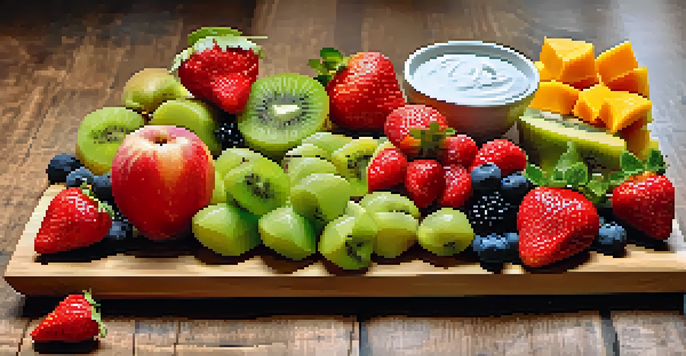 A colorful vegan fruit platter with strawberries, kiwis, and mangoes arranged on a wooden board, accompanied by a bowl of vegan yogurt dip.