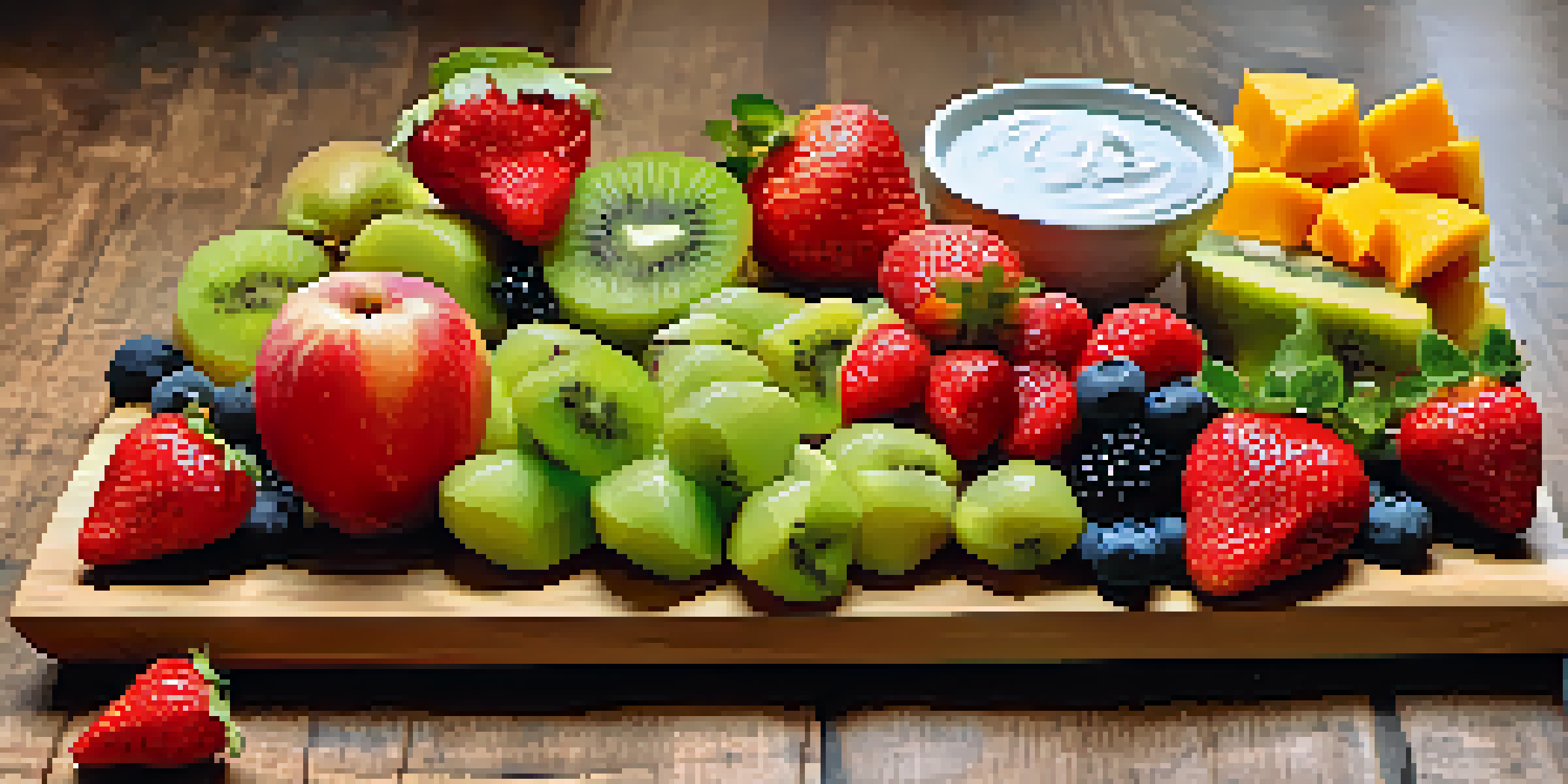 A colorful vegan fruit platter with strawberries, kiwis, and mangoes arranged on a wooden board, accompanied by a bowl of vegan yogurt dip.