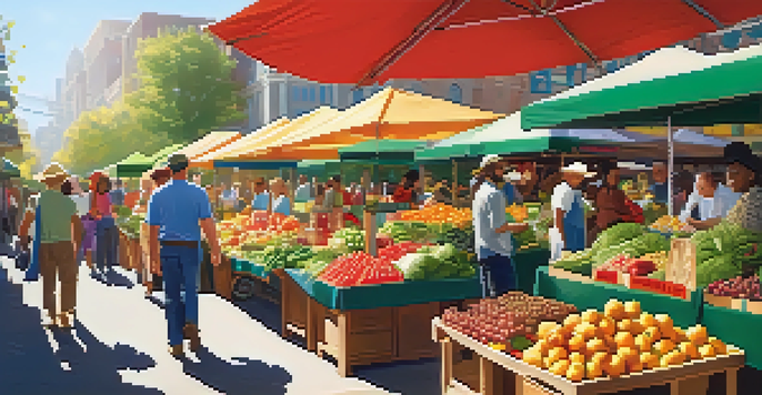 A lively farmer's market with colorful stalls selling fresh fruits and vegetables, people shopping and interacting in a sunny outdoor environment.