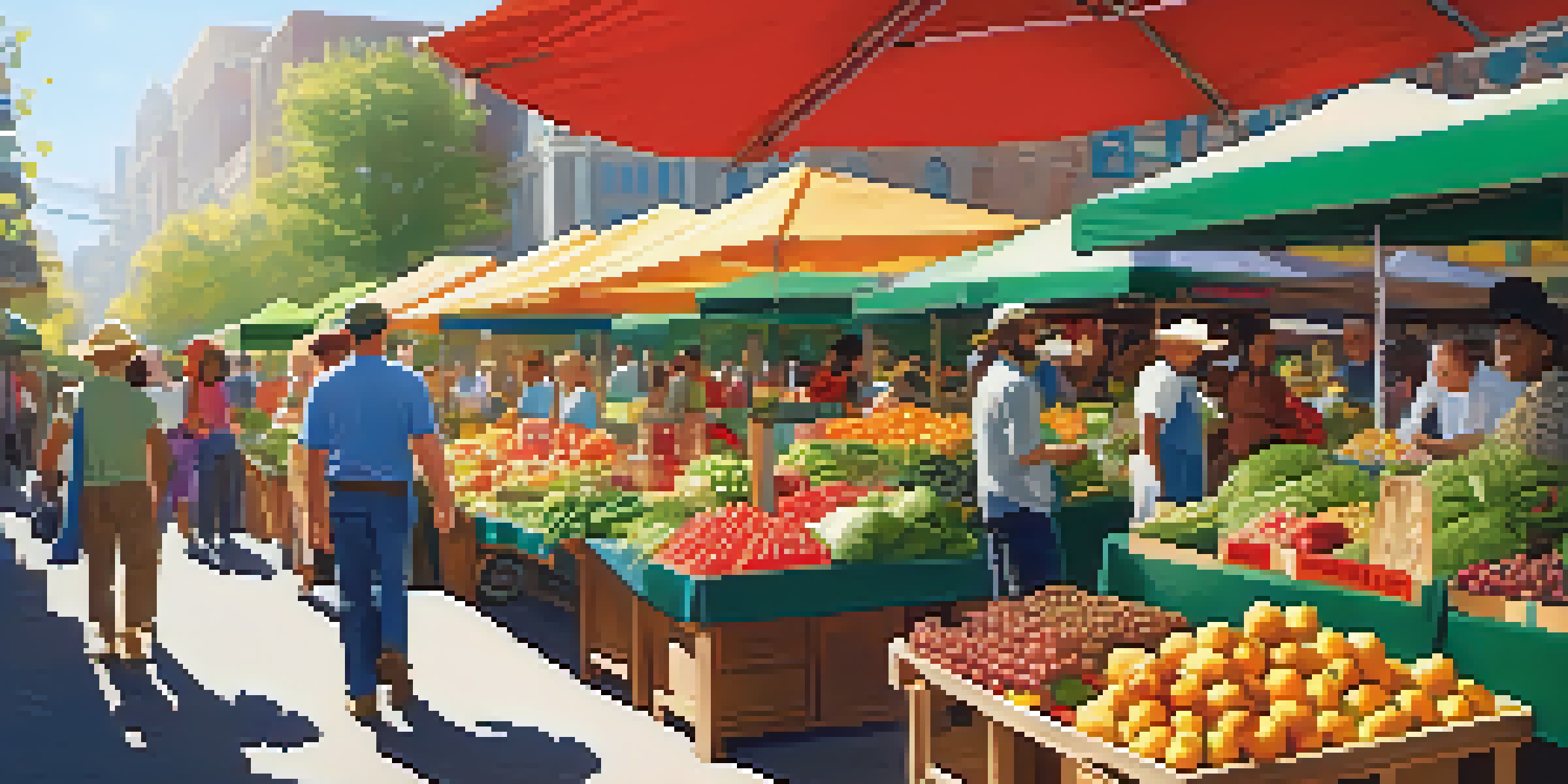 A lively farmer's market with colorful stalls selling fresh fruits and vegetables, people shopping and interacting in a sunny outdoor environment.