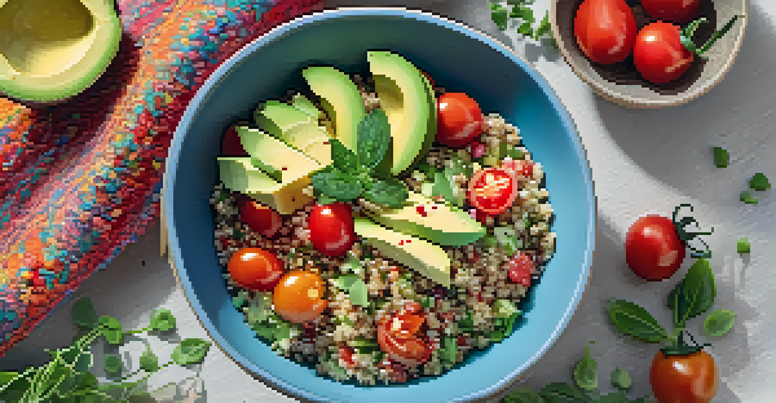 Close-up of a quinoa salad with avocado, tomatoes, and chia seeds in a bowl.