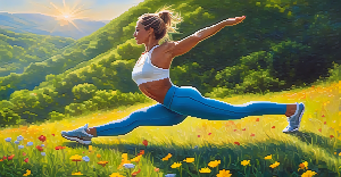 A young woman practicing yoga on a grassy hilltop, surrounded by trees and flowers, with a bright sun shining in a clear blue sky.