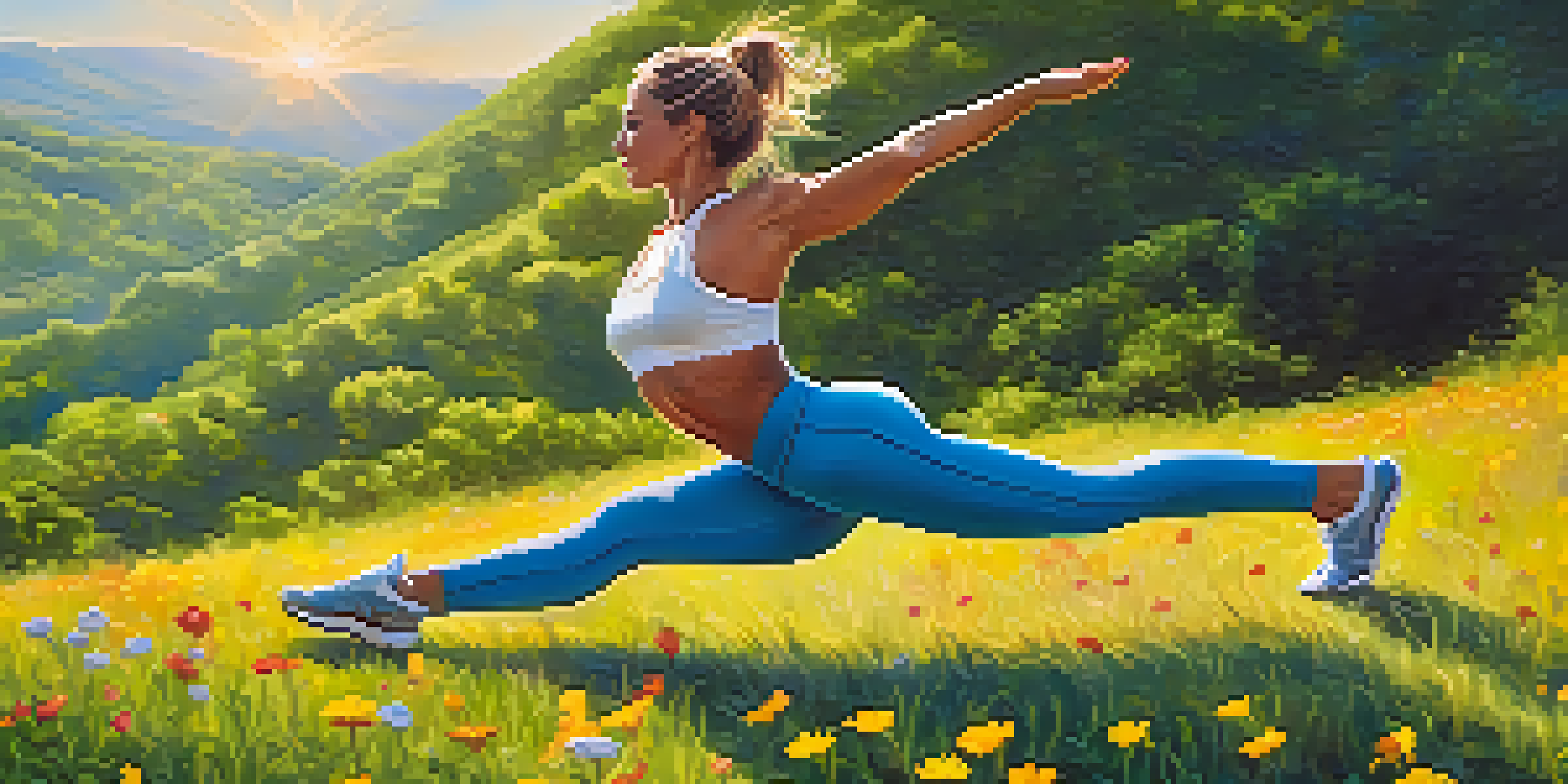 A young woman practicing yoga on a grassy hilltop, surrounded by trees and flowers, with a bright sun shining in a clear blue sky.