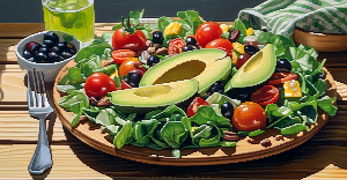 A bright and colorful vegan salad with mixed greens, cherry tomatoes, avocado, and sunflower seeds on a wooden table, illuminated by natural sunlight.