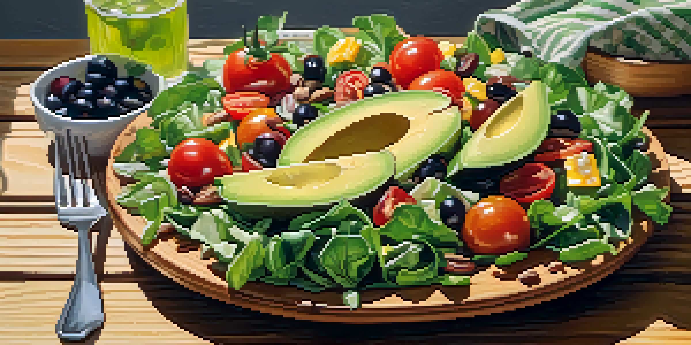 A bright and colorful vegan salad with mixed greens, cherry tomatoes, avocado, and sunflower seeds on a wooden table, illuminated by natural sunlight.
