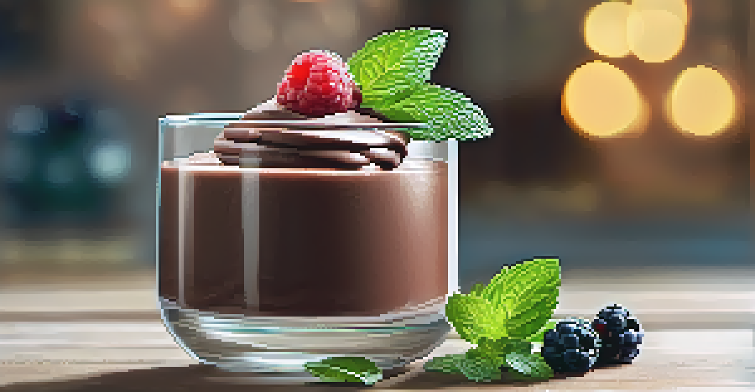 A close-up of vegan chocolate mousse in a glass dish, topped with berries and mint, on a cozy dining table.