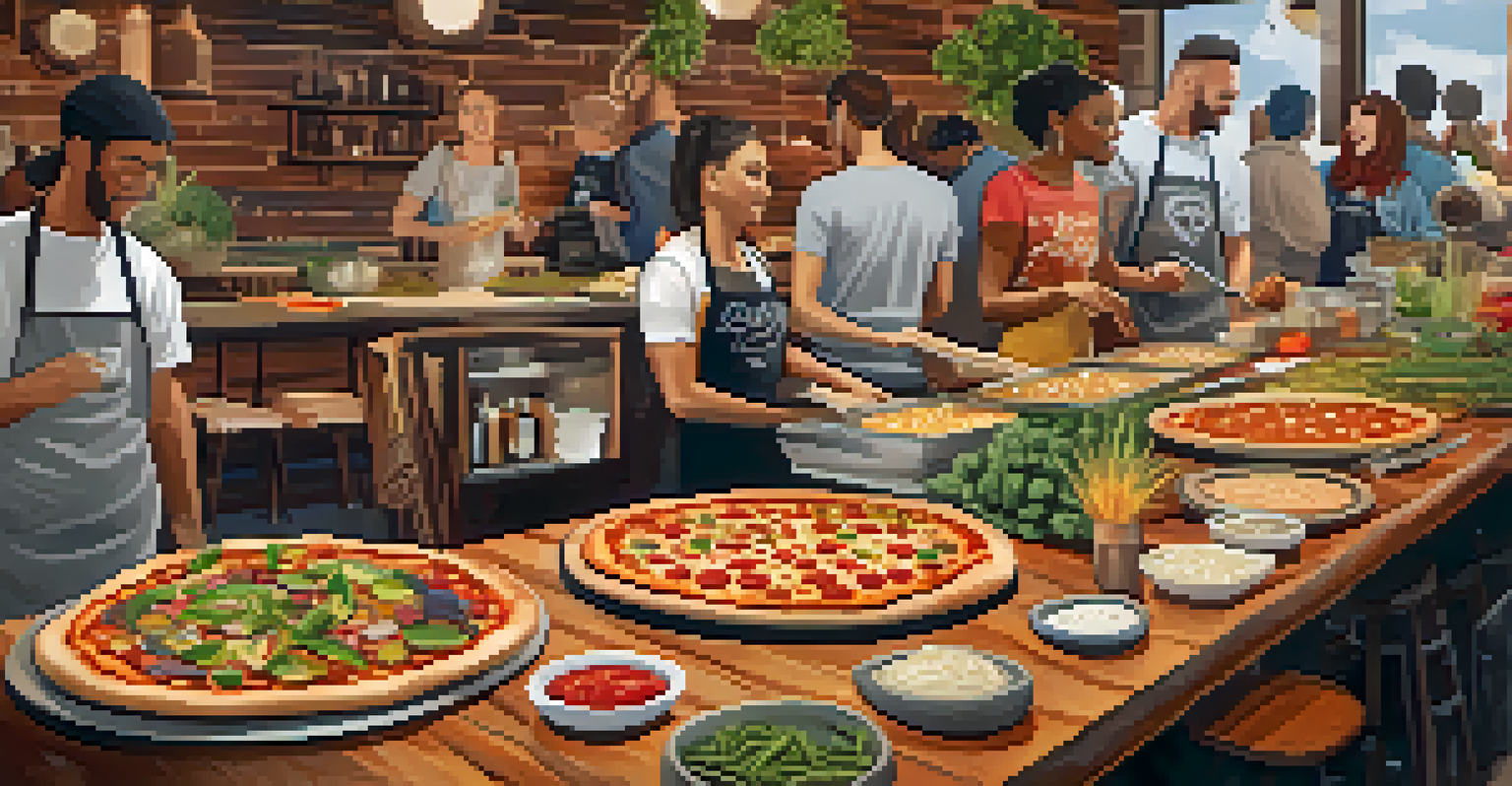 A pizza bar with various crusts, sauces, and toppings, where guests are engaged in making their own custom pizzas.