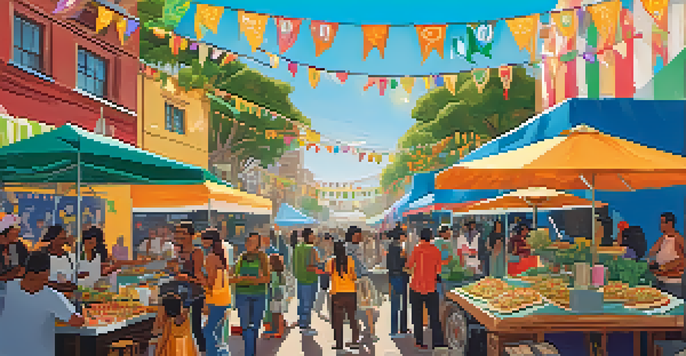 A lively vegan street food festival with colorful stalls and a diverse crowd enjoying food, featuring a vendor serving jackfruit tacos.