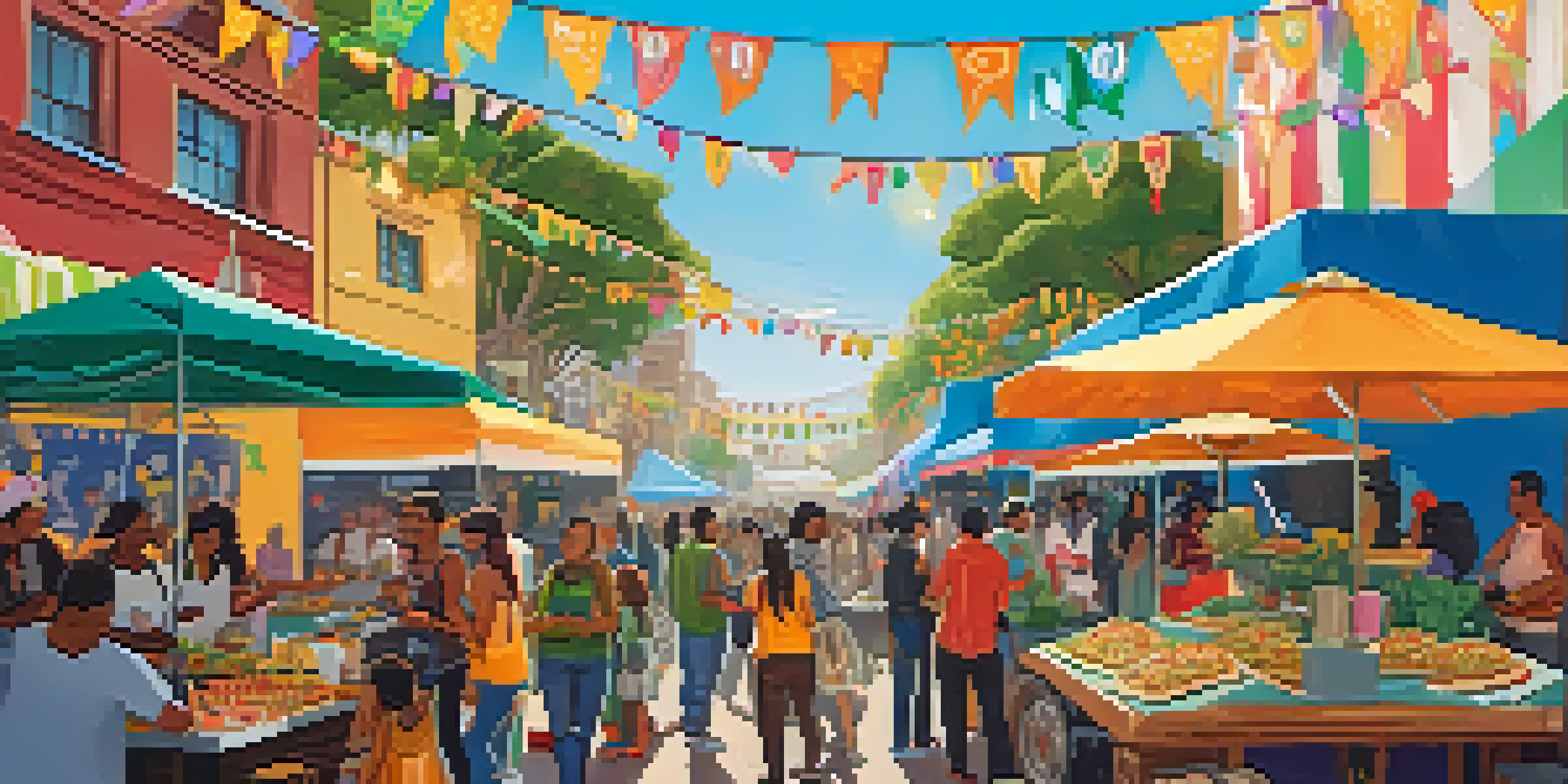 A lively vegan street food festival with colorful stalls and a diverse crowd enjoying food, featuring a vendor serving jackfruit tacos.
